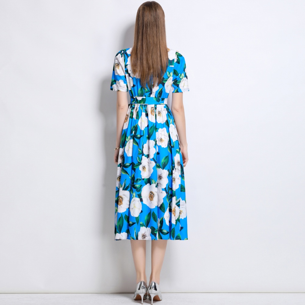 Halter slim printing lapel gauze long dress
