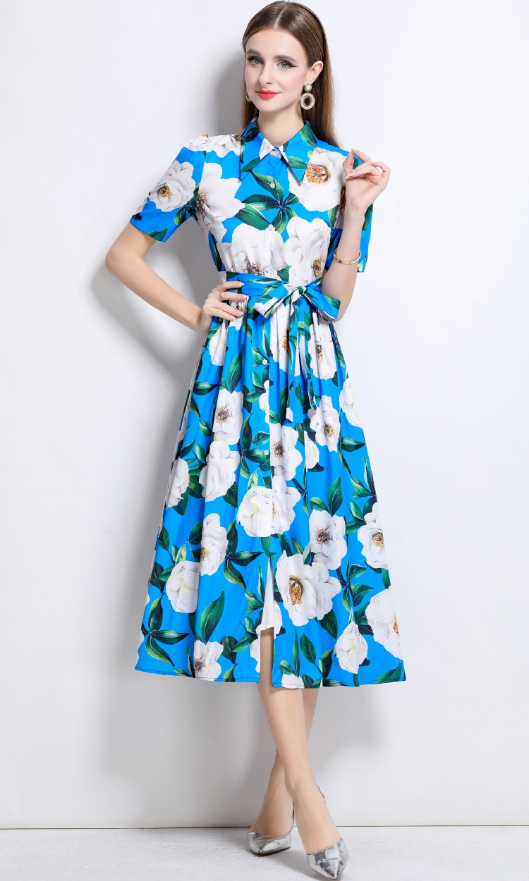 Halter slim printing lapel gauze long dress