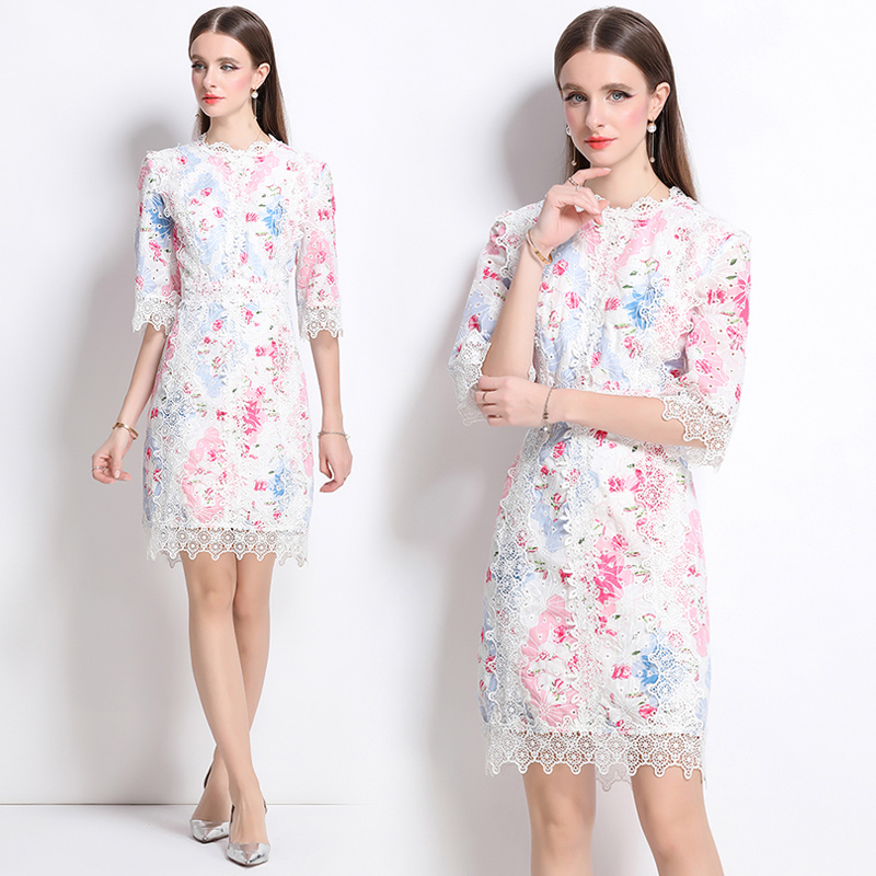 A-line embroidery summer stitching printing dress