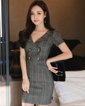 Plaid profession slim V-neck short sleeve Korean style dress