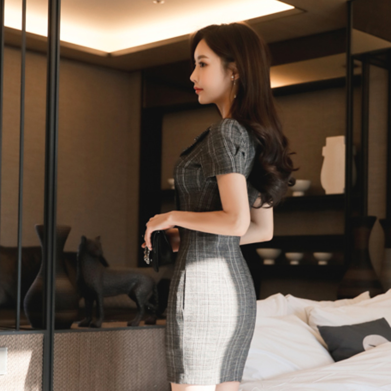 Plaid profession slim V-neck short sleeve Korean style dress