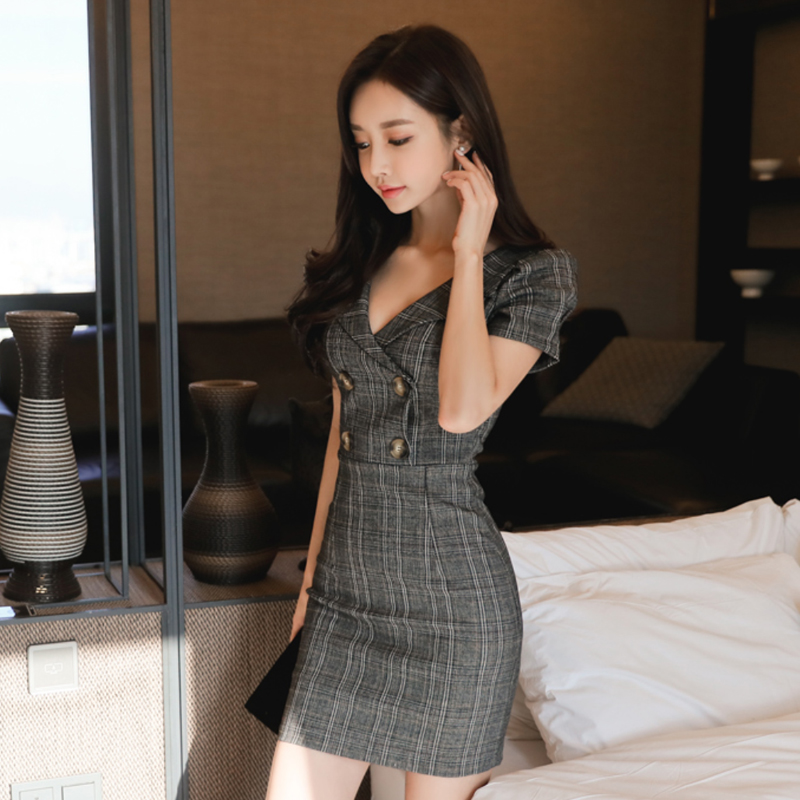 Plaid profession slim V-neck short sleeve Korean style dress