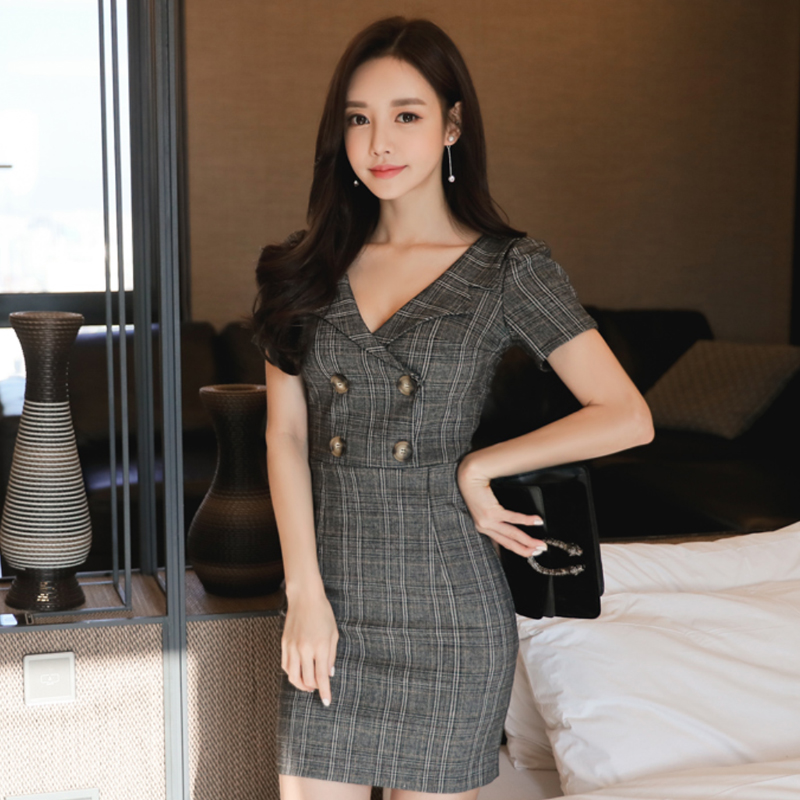 Plaid profession slim V-neck short sleeve Korean style dress