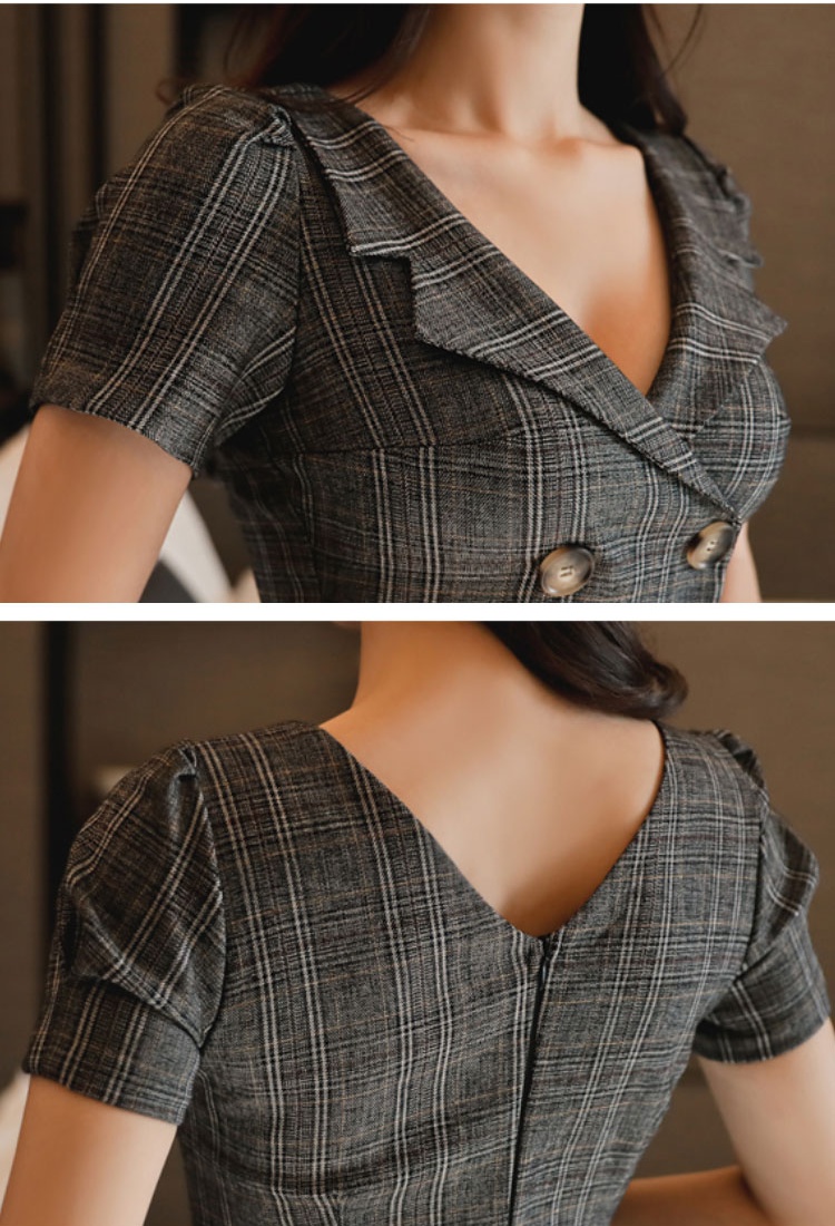 Plaid profession slim V-neck short sleeve Korean style dress