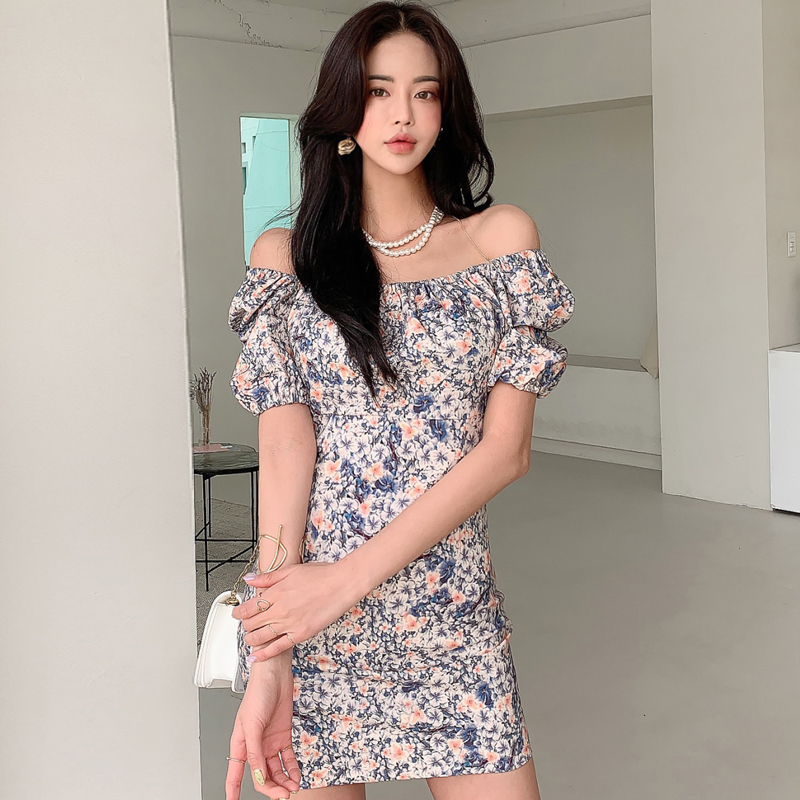 Pinched waist elastic collar package hip dress for women