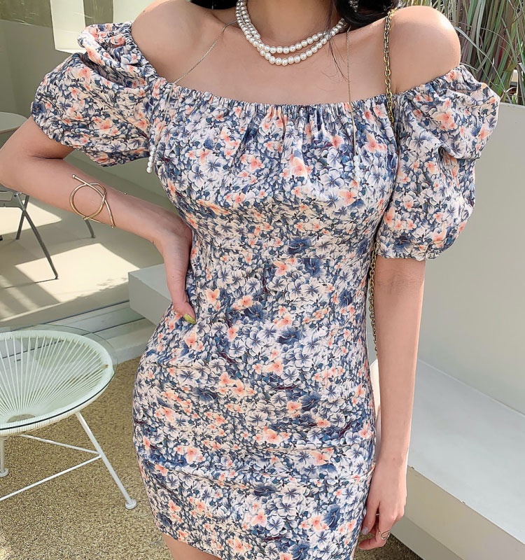 Pinched waist elastic collar package hip dress for women