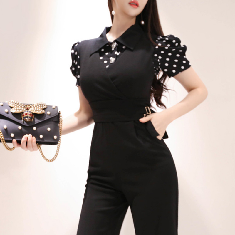 Nine tenths V-neck shirt slim jumpsuit 2pcs set