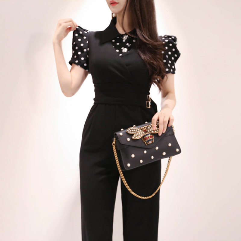 Nine tenths V-neck shirt slim jumpsuit 2pcs set