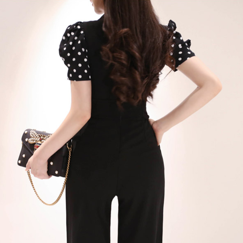 Nine tenths V-neck shirt slim jumpsuit 2pcs set
