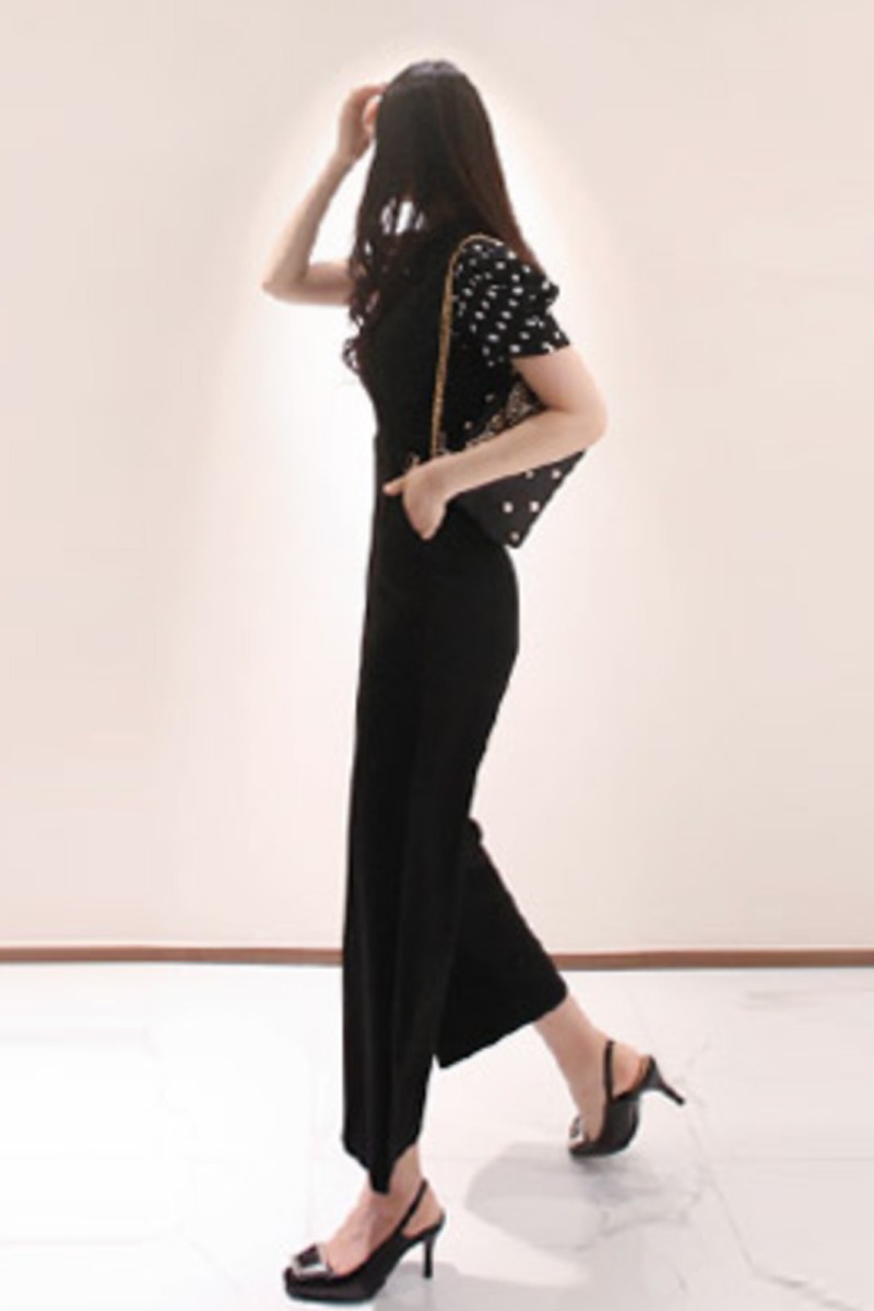 Nine tenths V-neck shirt slim jumpsuit 2pcs set