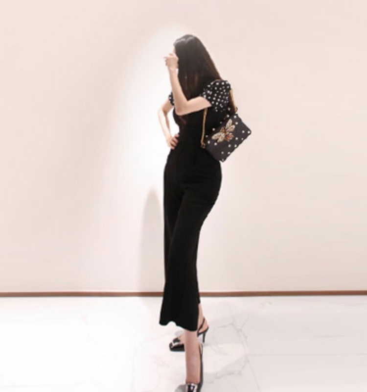 Nine tenths V-neck shirt slim jumpsuit 2pcs set