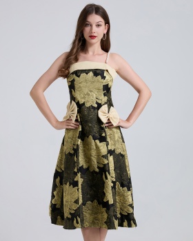 A-line jacquard bow pinched waist pearl light luxury dress