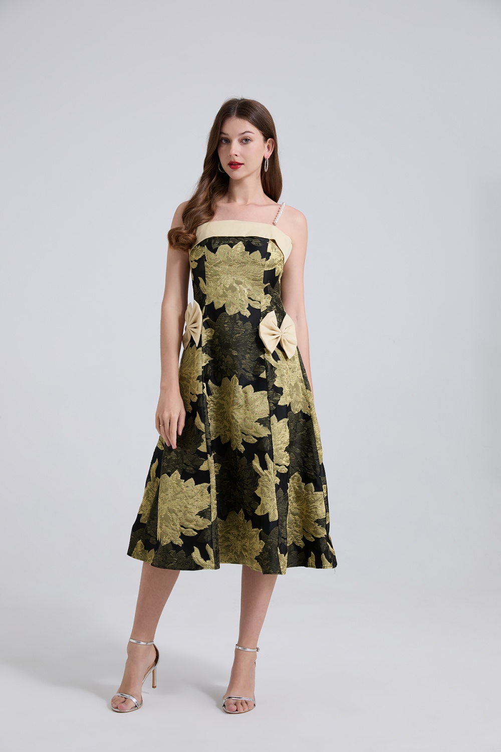 A-line jacquard bow pinched waist pearl light luxury dress