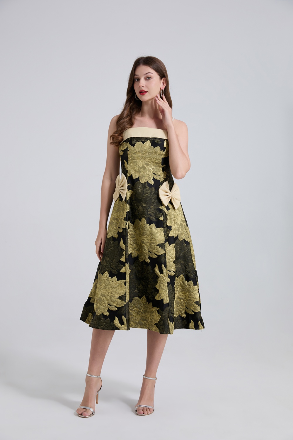 A-line jacquard bow pinched waist pearl light luxury dress