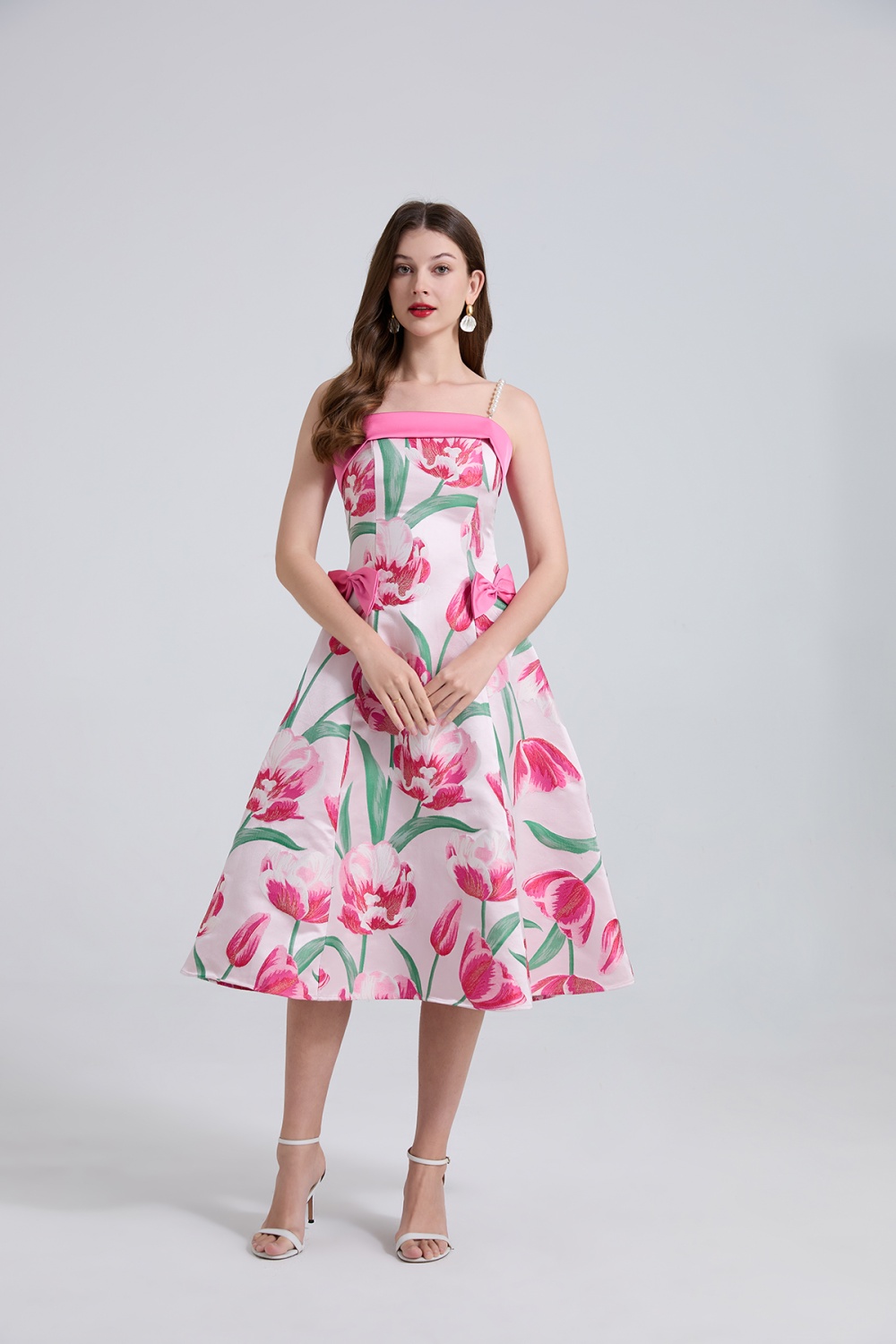 A-line jacquard bow pinched waist pearl light luxury dress