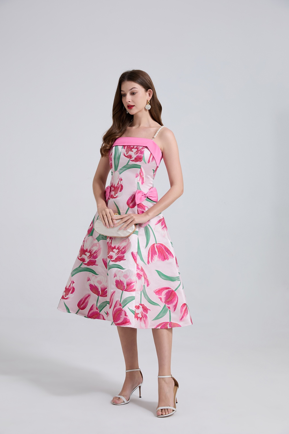 A-line jacquard bow pinched waist pearl light luxury dress