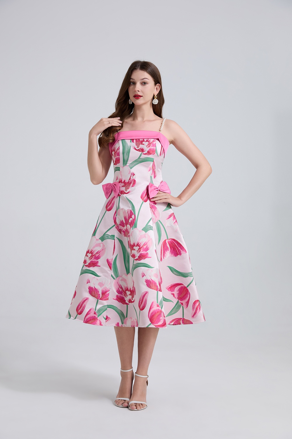 A-line jacquard bow pinched waist pearl light luxury dress
