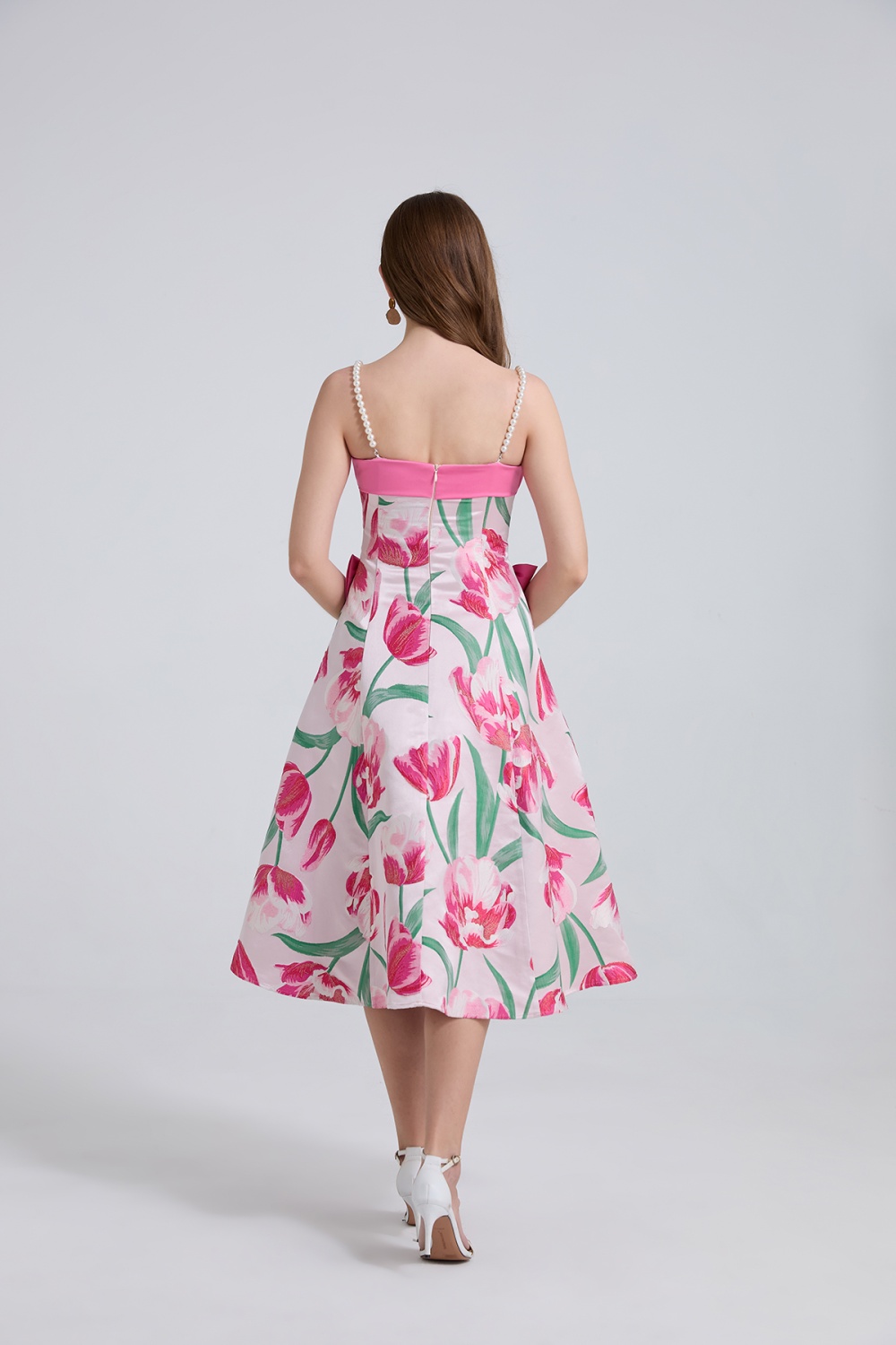A-line jacquard bow pinched waist pearl light luxury dress