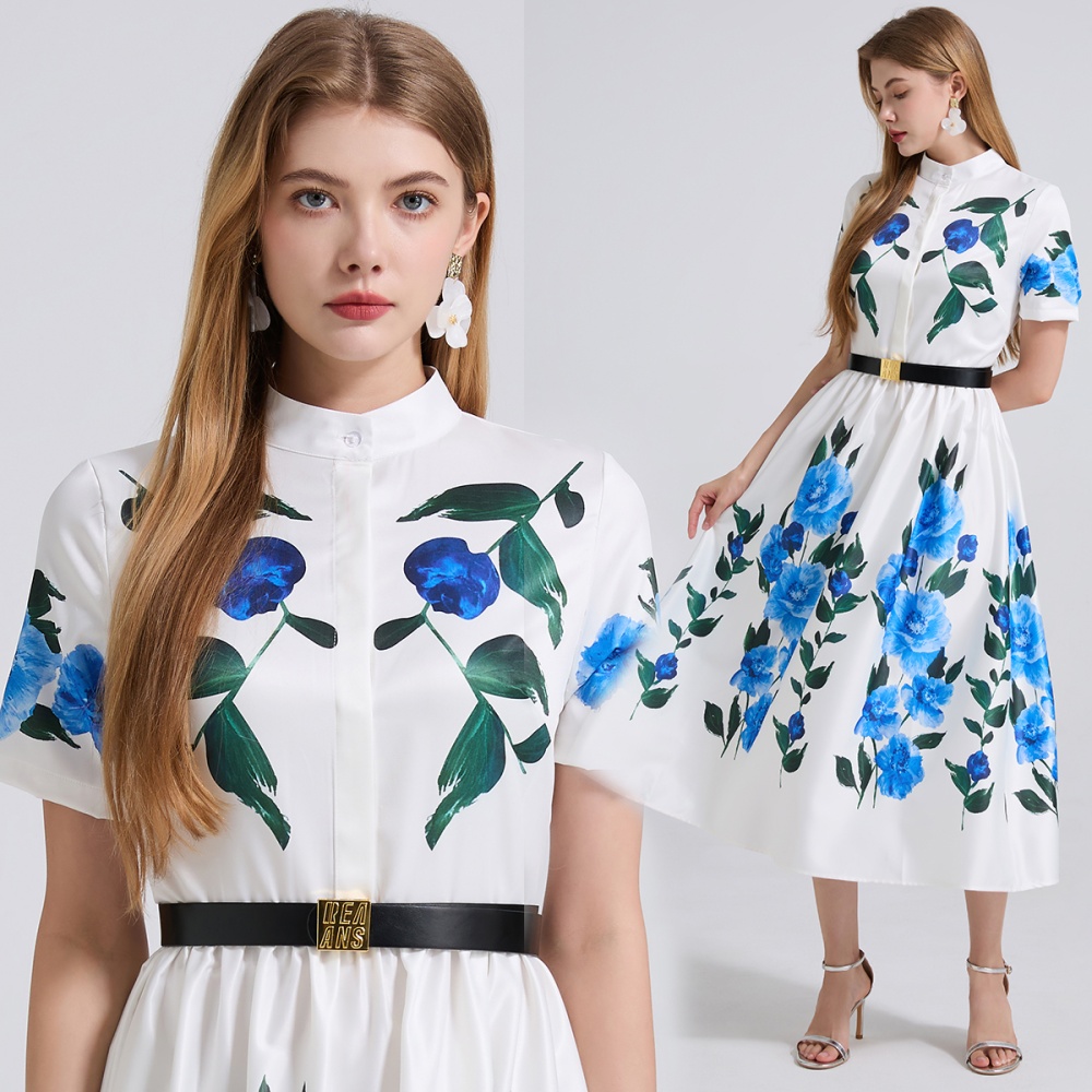 Short sleeve A-line high waist shirt slim printing dress