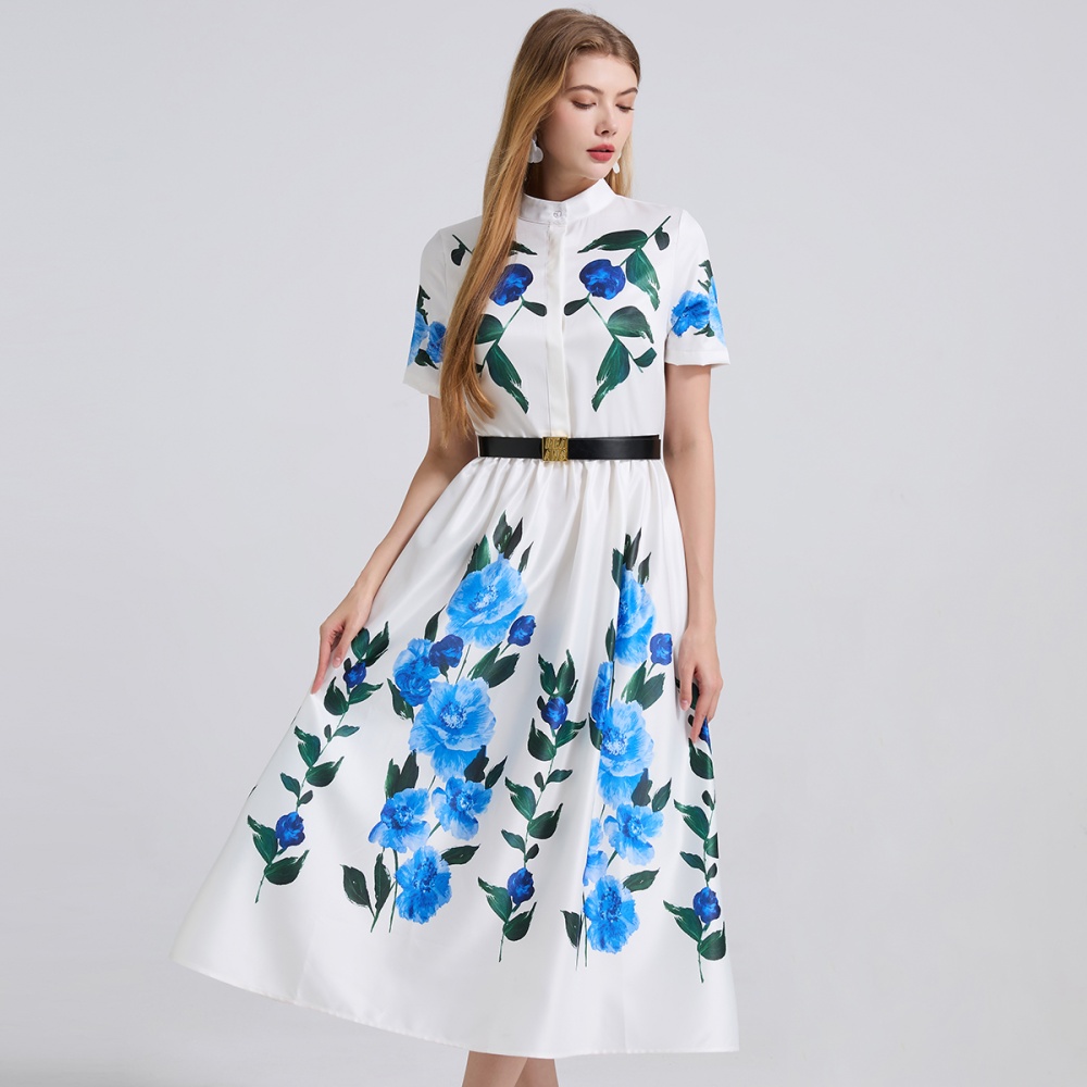 Short sleeve A-line high waist shirt slim printing dress
