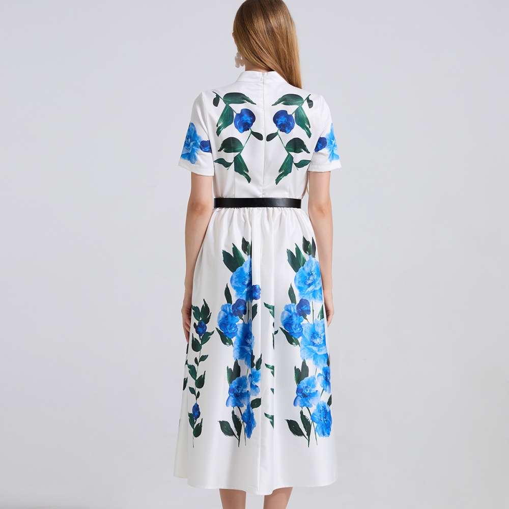 Short sleeve A-line high waist shirt slim printing dress