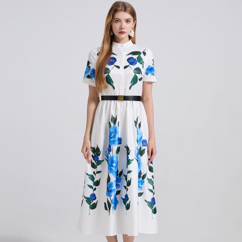 Short sleeve A-line high waist shirt slim printing dress