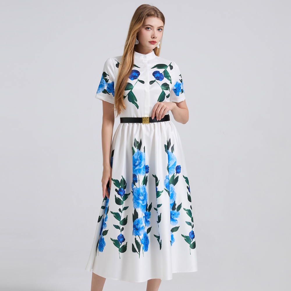 Short sleeve A-line high waist shirt slim printing dress