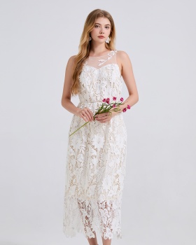 Gauze lace applique embroidery splice leaves round neck dress