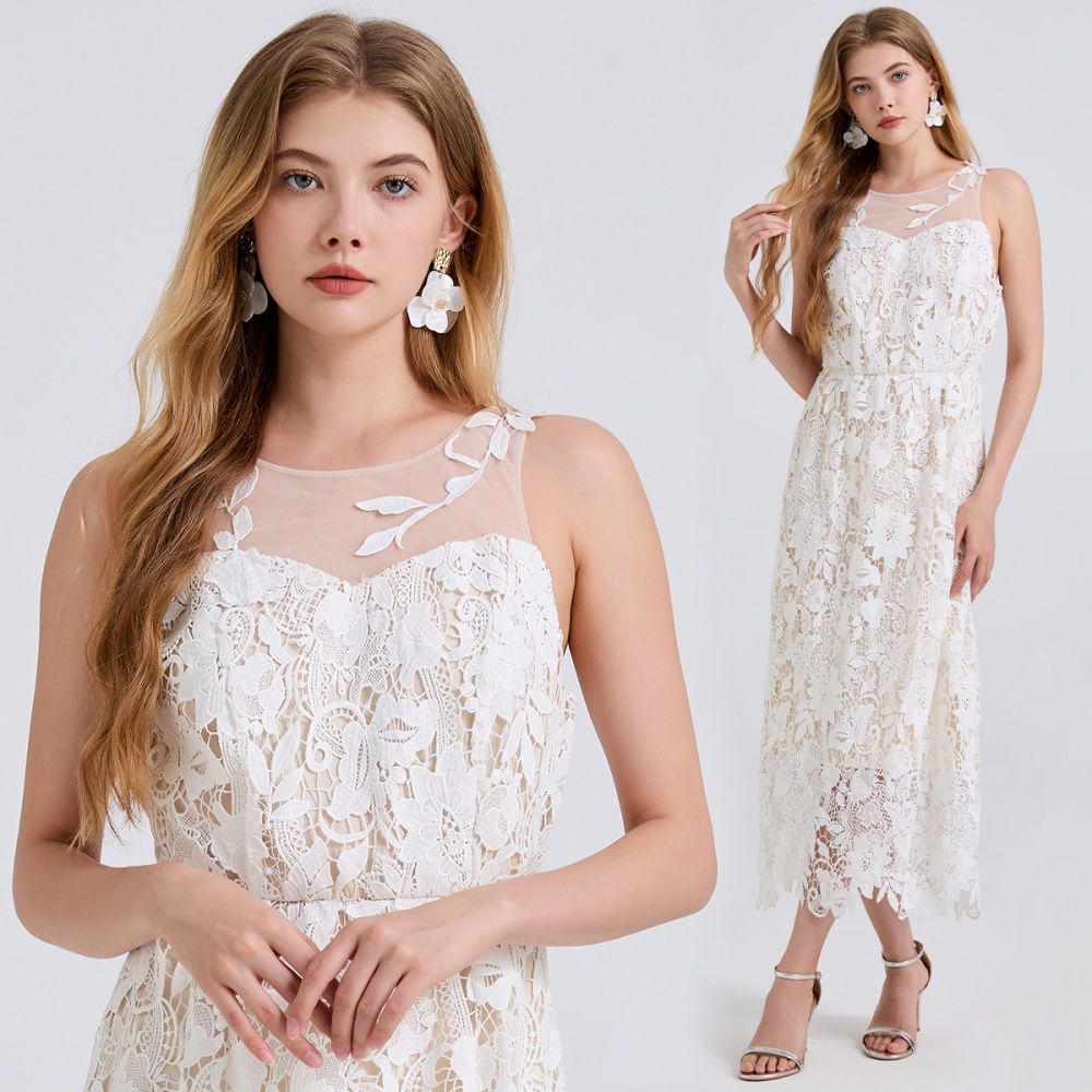 Gauze lace applique embroidery splice leaves round neck dress