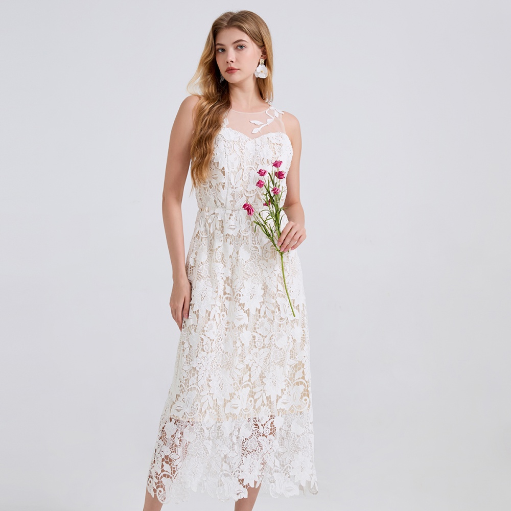 Gauze lace applique embroidery splice leaves round neck dress