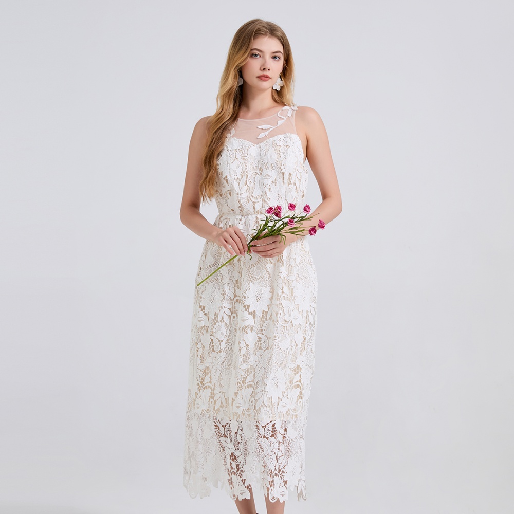 Gauze lace applique embroidery splice leaves round neck dress