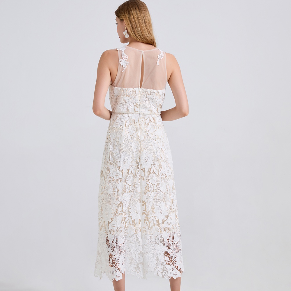 Gauze lace applique embroidery splice leaves round neck dress