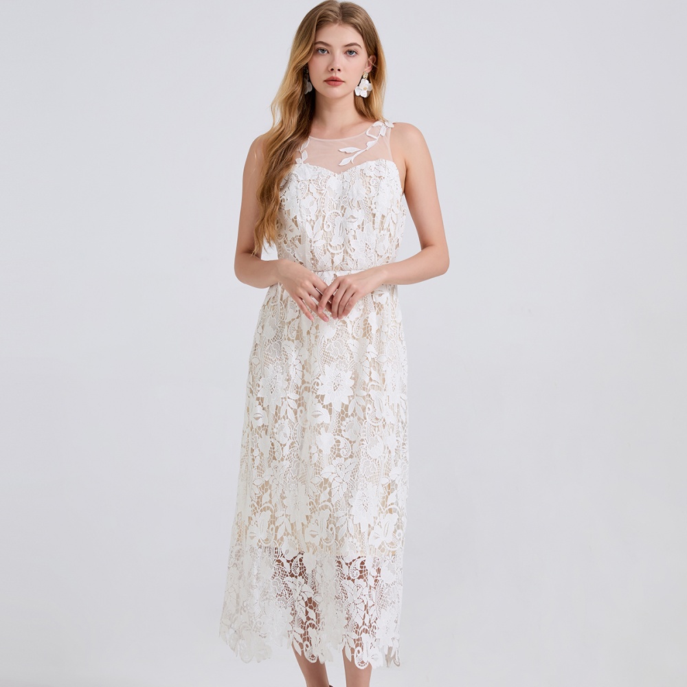Gauze lace applique embroidery splice leaves round neck dress