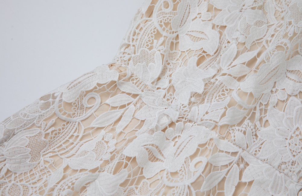 Gauze lace applique embroidery splice leaves round neck dress