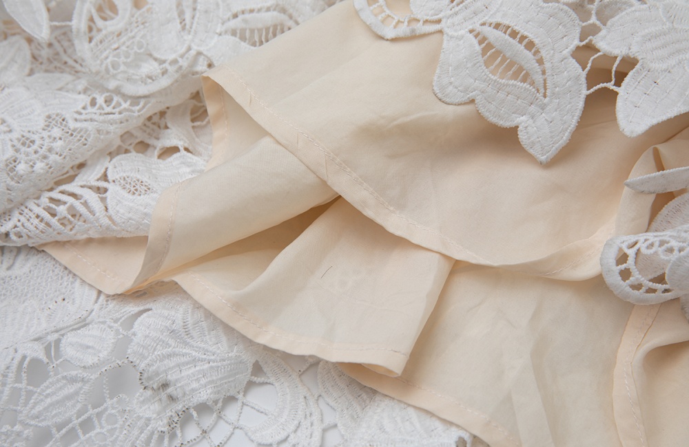 Gauze lace applique embroidery splice leaves round neck dress