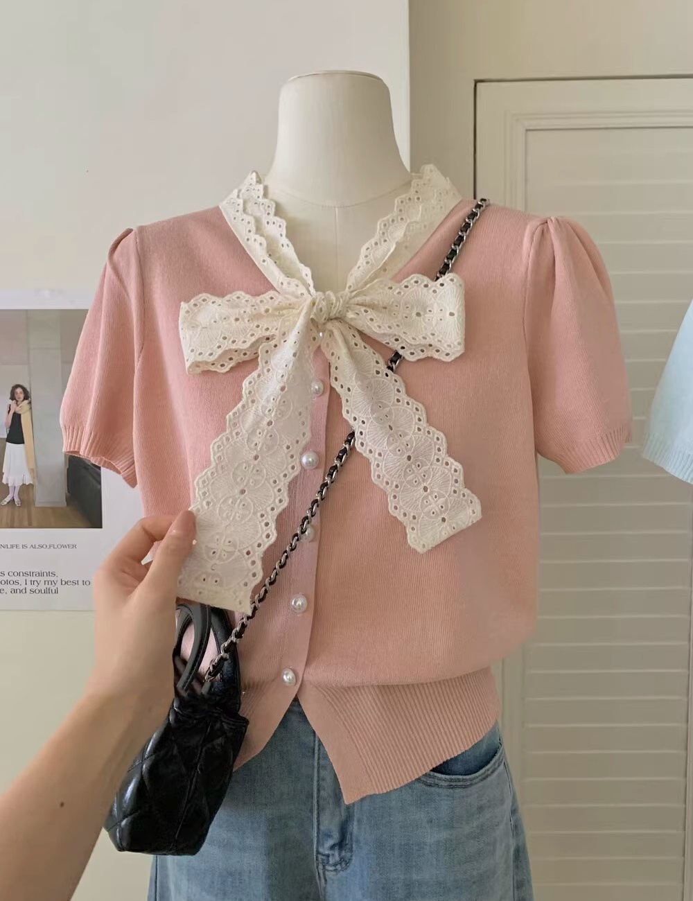 Short sleeve thin sweet tops Korean style bow cardigan