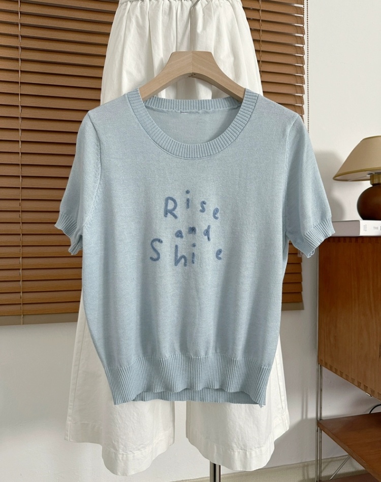 Embroidery knitted mixed colors letters T-shirt