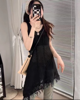 Tassels hollow V-neck smock slim all-match tops for women