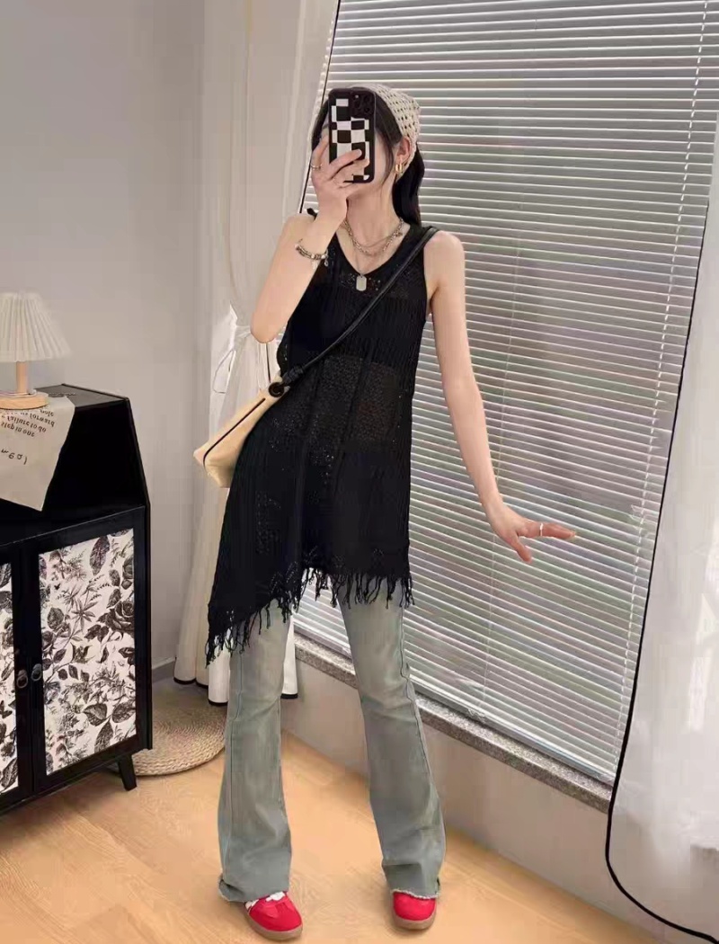 Tassels hollow V-neck smock slim all-match tops for women