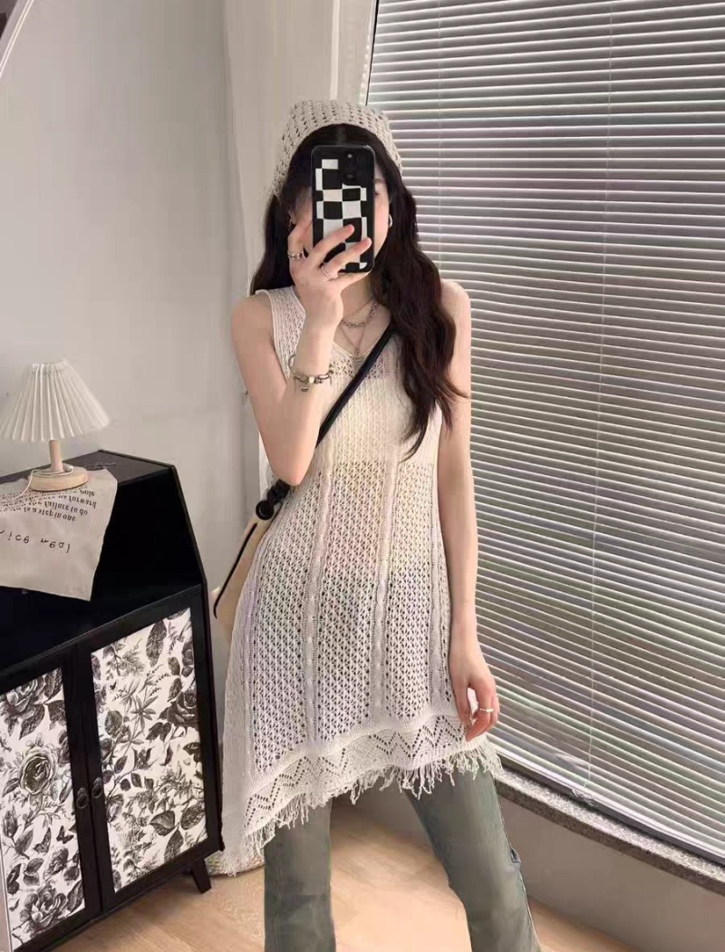 Tassels hollow V-neck smock slim all-match tops for women