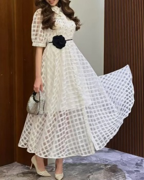 Summer puff sleeve long dress plaid dress for women