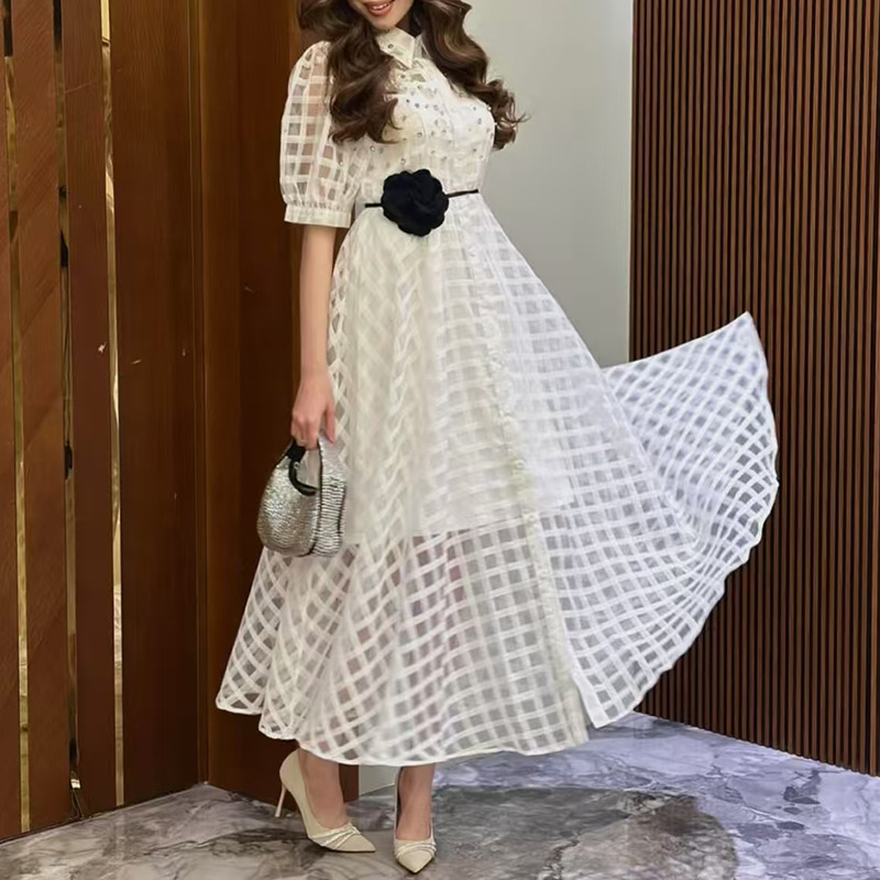 Summer puff sleeve long dress plaid dress for women