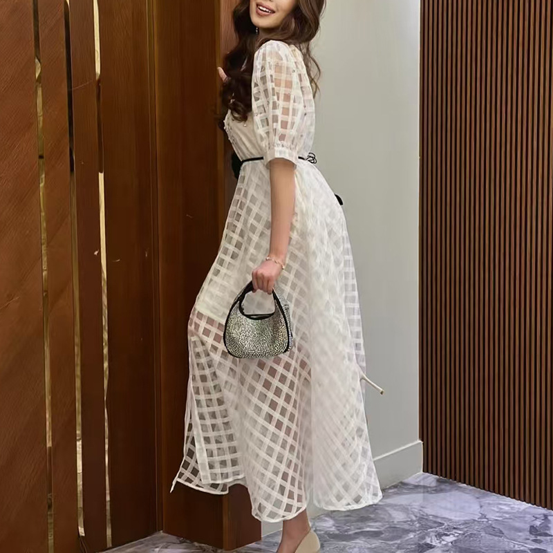 Summer puff sleeve long dress plaid dress for women