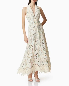 Lapel lace belt sleeveless hollow long dress for women