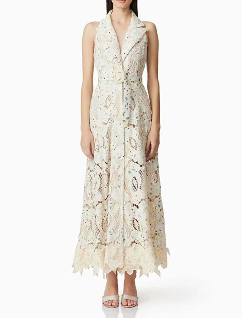 Lapel lace belt sleeveless hollow long dress for women