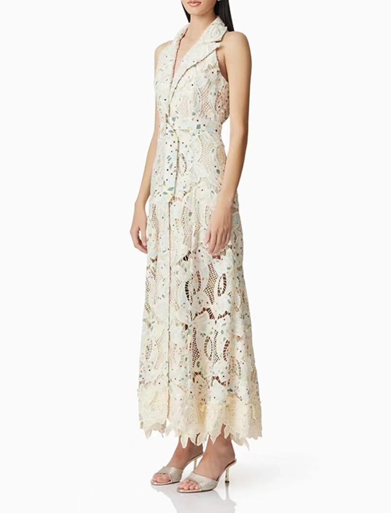 Lapel lace belt sleeveless hollow long dress for women