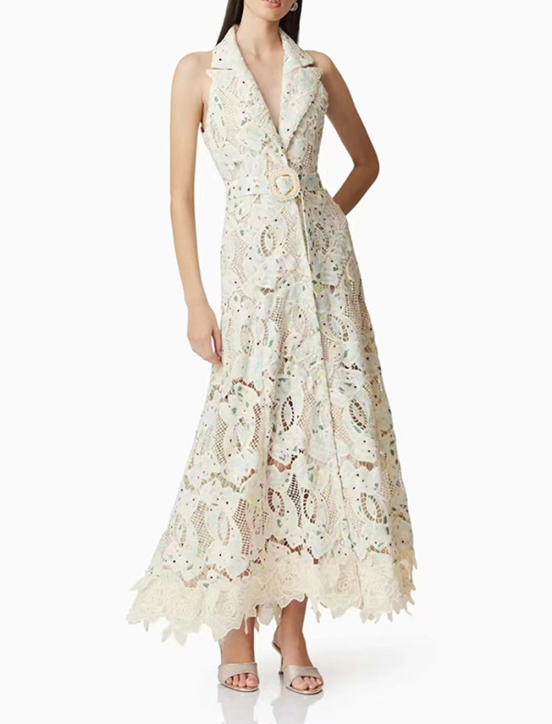 Lapel lace belt sleeveless hollow long dress for women