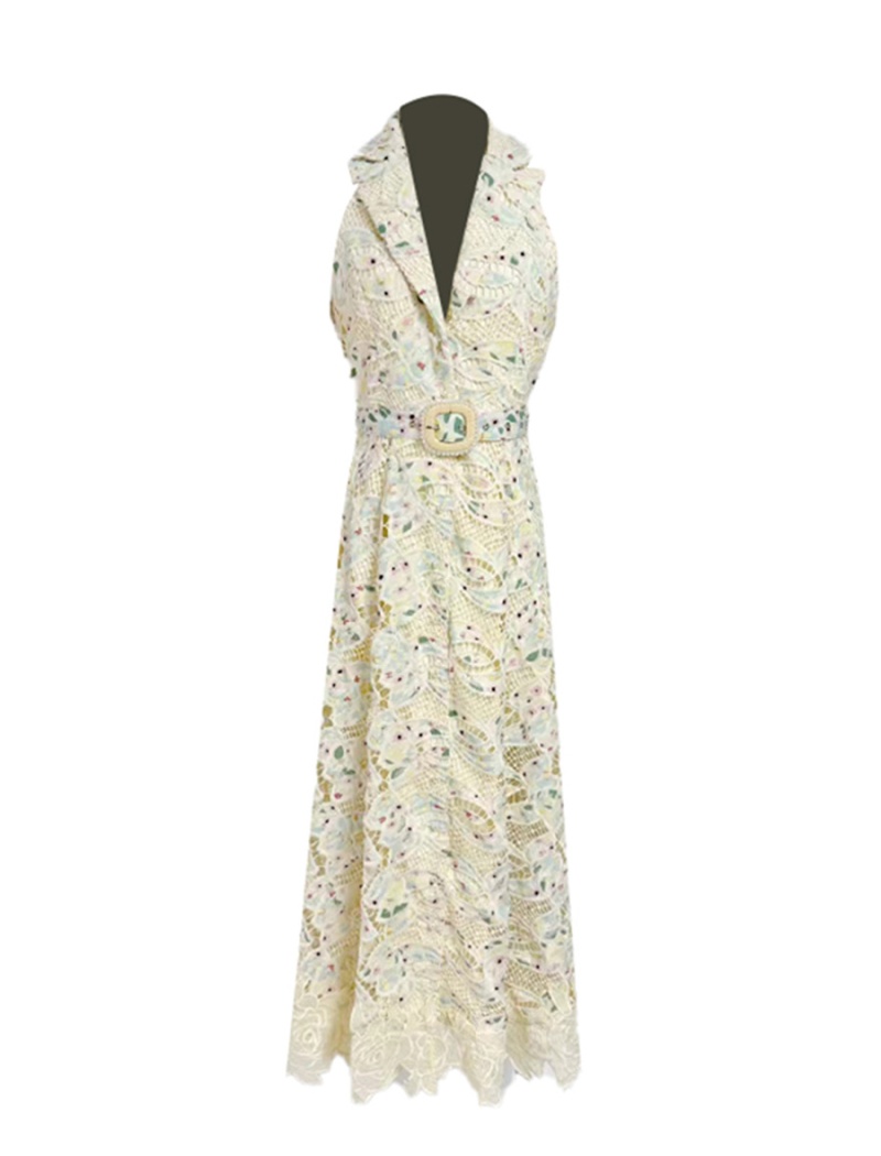 Lapel lace belt sleeveless hollow long dress for women