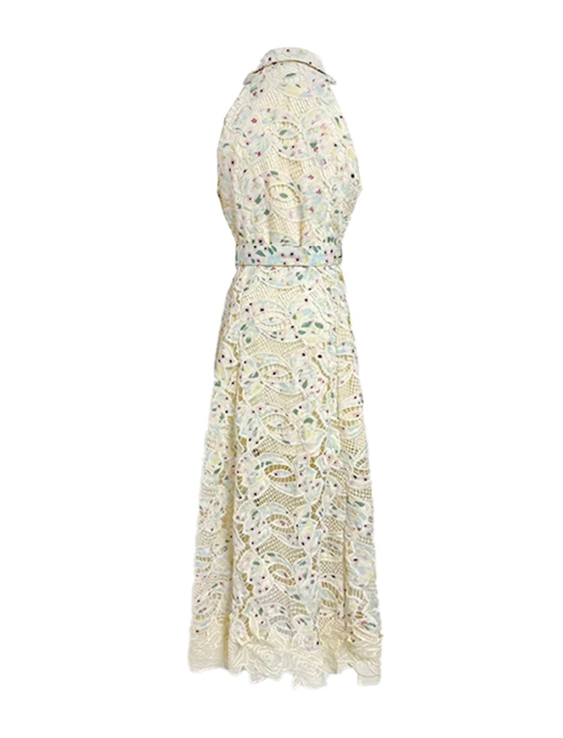 Lapel lace belt sleeveless hollow long dress for women