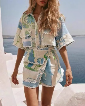Lapel summer shirt sandy beach shorts a set for women